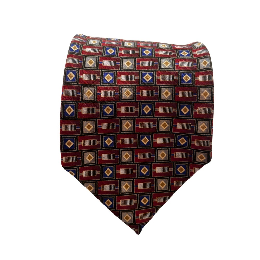 Albert Nipon Silk Tie Mens Geometric Red Blue Gold Professional Necktie